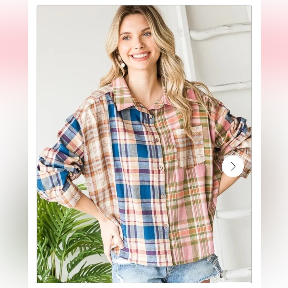 151. NWT Oli & Hali Oversized Flannel Long Sleeve Shirt in Pink/Blue Plaid